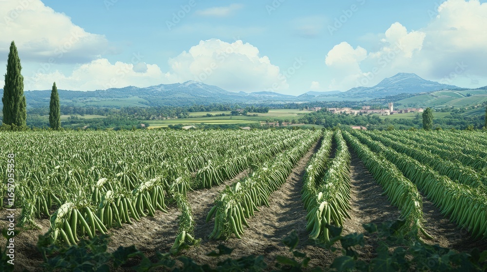 A rural landscape of a green bean field stretching to a distant village. A rural landscape of a green bean field stretching to a distant village.