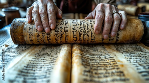 Wrinkled hands gently hold ancient scroll while examining its faded text in cozy softly lit environment. surroundings evoke sense of history and reverence for written word.