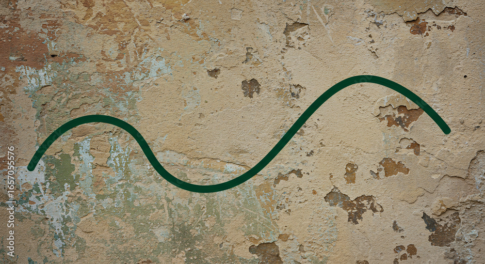 Fototapeta premium Green wavy line on a textured, weathered, and cracked plaster wall background