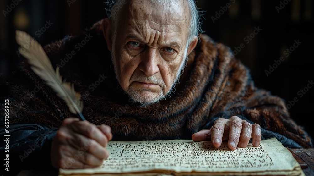 Close up reveals elderly scholar deep in thought as he meticulously writes quill. atmosphere is rich presence of ancient manuscripts lending air of wisdom moment. Close up reveals elderly scholar deep in thought as he meticulously writes quill. atmosphere is rich presence of ancient manuscripts lending air of wisdom moment.