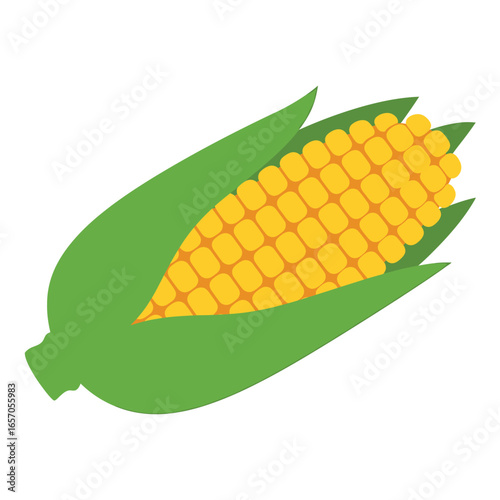 Illustration of a corn cob with yellow kernels and green leaves, , a staple food and important agricultural crop