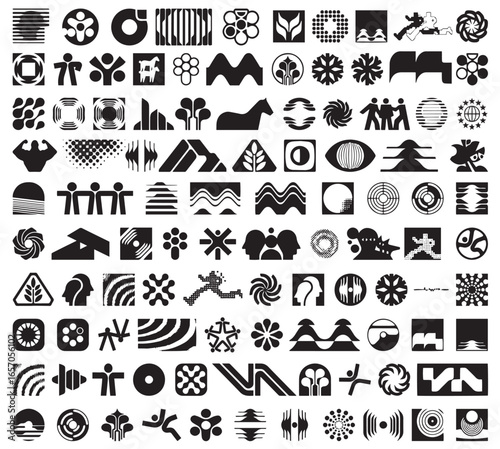 Geometric icon set with abstract shapes, symbols, and logos.
