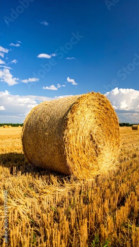Round bale of hay in a golden field under a vibrant blue sky