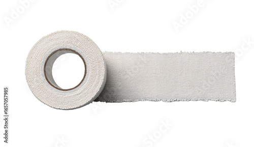Rolled white adhesive tape, partially unwound.  A  piece of medical or athletic tape is shown in a top-down view, rolled up with a loose end