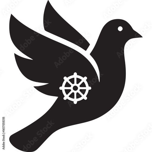Dove of peace with dharma wheel isolated on white background, a symbol of freedom, spirituality, and buddhist teachings of compassion