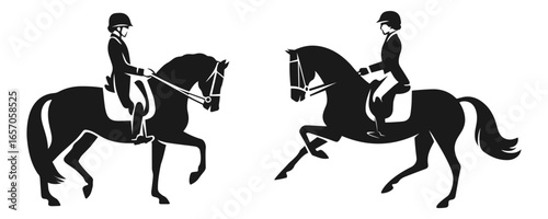 Silhouettes of dressage riders using the passage and gallop