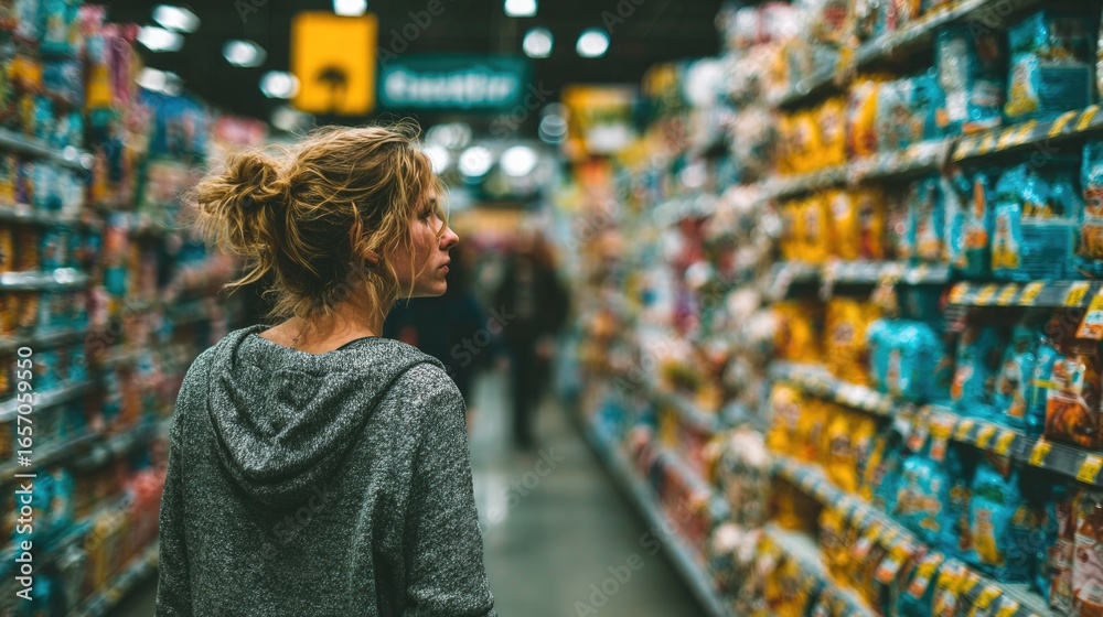 Obraz premium Woman Shopping in Supermarket Aisle