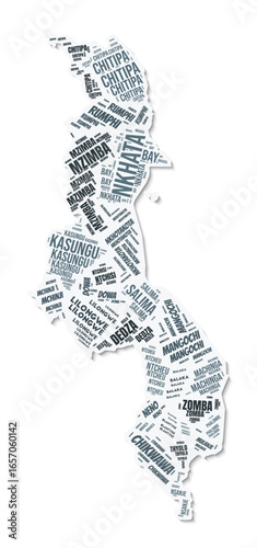 Malawi shape text cloud. Country border with shadow on white background. Malawi with regions division in vintage gazette style. Vibrant vector illustration.