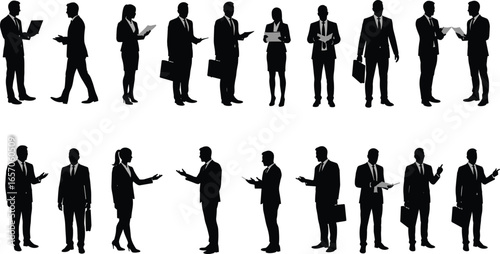 Business people silhouettes, teamwork, office workers, meeting, discussion, communication, professional men and women, collaboration, presentation, corporate lifestyle, business success