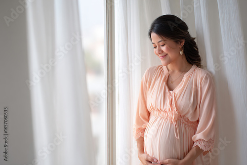 Elegant woman in pastel maternity dress smiles while cradling her baby bump by window Free Download Elegant woman in pastel maternity dress smiles while cradling her baby bump by window - GFXLoad