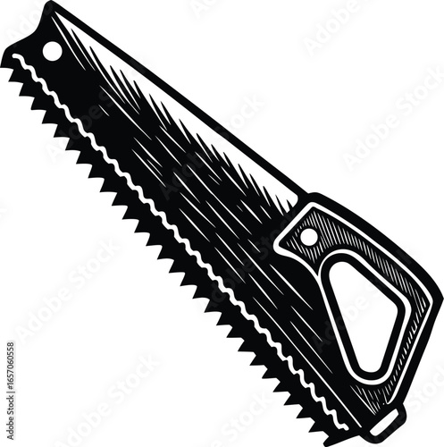 Classic handsaw illustration in a retro woodcut style. Isolated black and white vector graphic of a manual hand tool for carpentry and DIY projects.