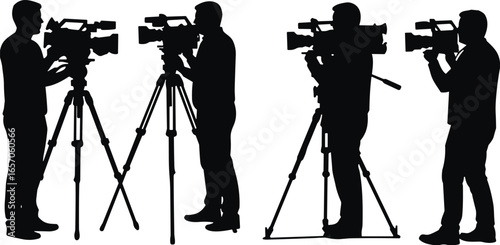 Cameraman silhouette collection, video recording, filming, videographer, tripod, movie making, television, journalist, media, production, broadcast, black vector, operator, clipart