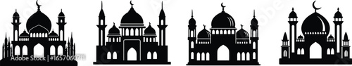 Mosque silhouette collection, Islamic architecture, Ramadan Kareem, Eid Mubarak, religion, Arabic culture, Muslim prayer, holy building, vector, black, illustration, design