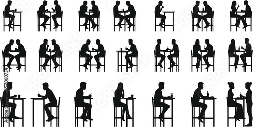People silhouette drinking coffee, restaurant conversation, couple dating, friends meeting, man woman talking, sitting at table, casual lifestyle, vector illustration