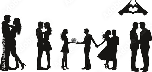 Romantic couple silhouette set, love vector illustration, hugging, kissing, dancing, gift exchange, man and woman relationship, wedding, romance design