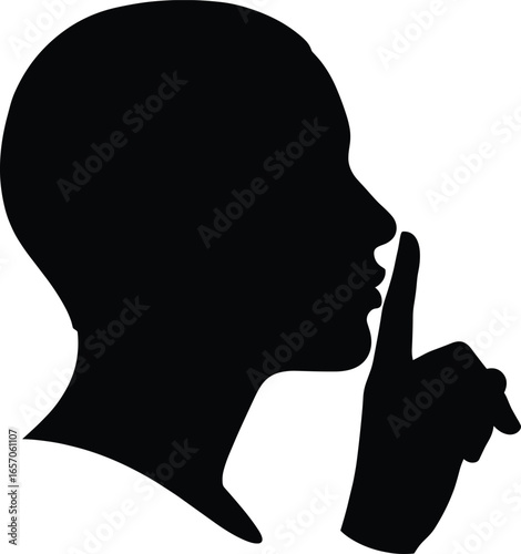 Silhouette person finger on lips, quiet gesture, shh sign, silence symbol, secret expression, privacy concept, mystery communication, vector illustration