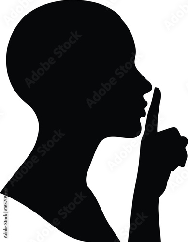 Silhouette person making shh gesture, quiet sign, finger on lips, silence symbol, secret expression, privacy concept, mystery, communication vector