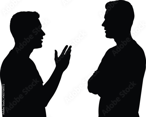 Two men talking silhouette, communication discussion, people conversation, argument debate, human interaction, business negotiation, conflict resolution, dialogue concept, teamwork