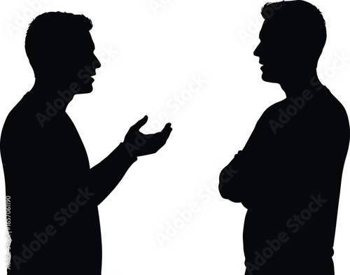 Two men talking silhouette, communication discussion, people conversation, argument debate, human interaction, business negotiation, conflict resolution, dialogue concept, teamwork