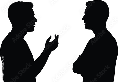Two men talking silhouette, communication discussion, people conversation, argument debate, human interaction, business negotiation, conflict resolution, dialogue concept, teamwork collaboration