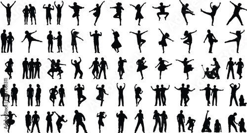 silhouette people collection, dancing jumping standing, diverse poses, lifestyle theme, human movement, social interaction, creative concept, design background, illustration set