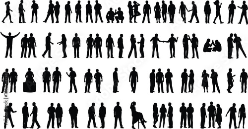 People silhouettes, walking, standing, talking, gesturing, sitting, interacting, diverse crowd, communication, teamwork, business, family, group activities, urban lifestyle, vector, isolated