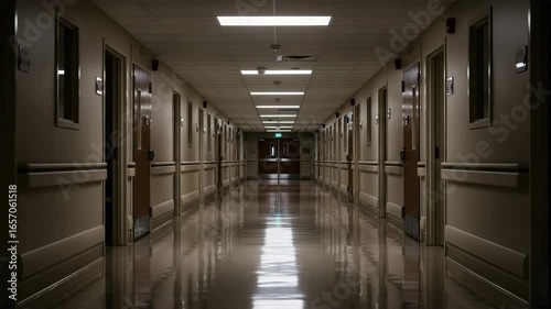 Dark and eerie empty hospital corridor at night. Spooky and mysterious hallway perfect for horror or thriller concepts, representing fear, abandonment, or mental health issues.

