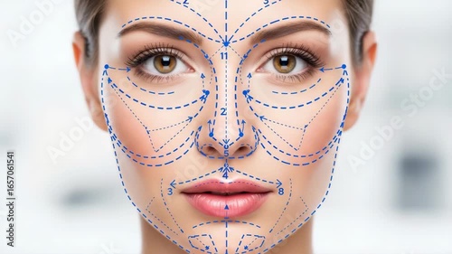 Beautiful woman's face with dotted surgical lines for plastic surgery. Concept of facelift, cosmetic procedures, anti-aging treatment, and modern aesthetic medicine or cosmetology.

