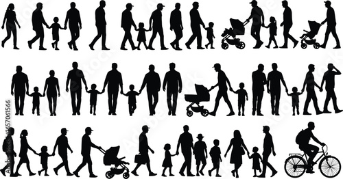 Silhouettes of adults and children walking, holding hands, pushing strollers, riding bicycle, family activities, urban lifestyle, parenting, vector illustration set