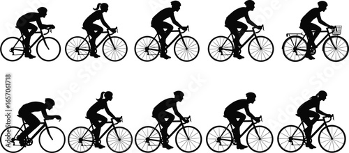 Silhouettes of cyclists, various bicycle types and riding positions, racing bikes, commuter bikes, casual cycling, sports, transportation, vector illustration set