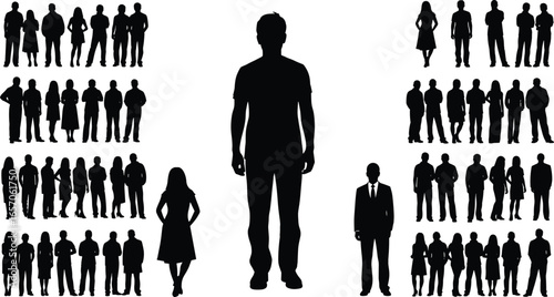Silhouettes of central figure with surrounding groups of people, business and community concept, leadership, teamwork, crowd vector illustration set