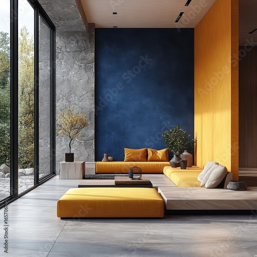 Modern Minimalist Interior with Stylish Seating, Large Windows and Bold Colors
