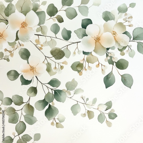 Watercolor Floral Foliage Branch with Flowers and Eucalyptus