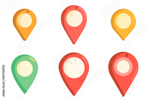 Colorful location markers for navigation and mapping applications, ideal for travel, tourism, and business presentations
