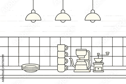 Minimalist cafe counter vector illustration featuring a table with a plate and coffee equipment visible in the background, all rendered in a hand-drawn style