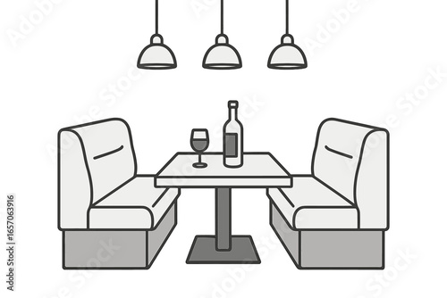 A simple black and white cafe booth features hanging lights and a neatly arranged table setting