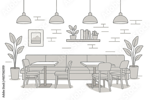 Modern minimalist style vector illustration of a cafe interior in line art, suitable for print and poster designs