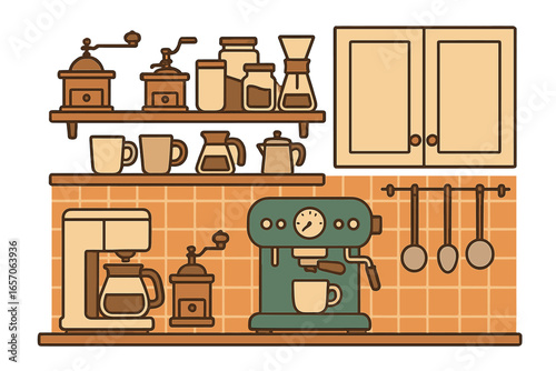 Vector illustration of a coffee bar featuring retro equipment