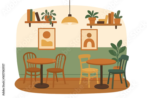 An illustration depicting the inside of a cafe or dining space that includes tables and plants