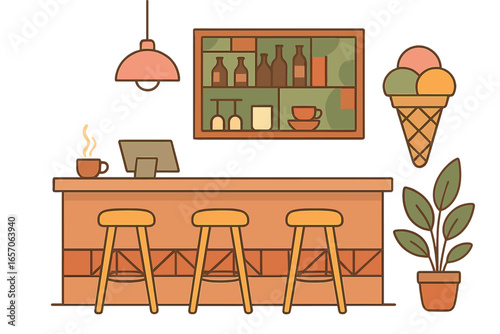 Vector illustration of a minimalist cartoon cafe interior featuring soft pastel colors