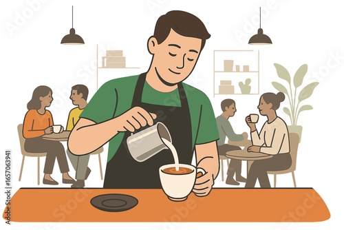 A skilled barista carefully pours steamed milk into a freshly brewed coffee, creating latte art in a cozy cafe setting