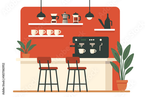 Vector illustration of a contemporary coffee shop featuring a minimalist design, warm ambiance, and bold red accents