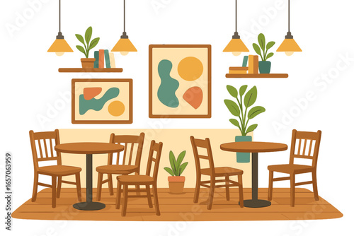 An illustration depicting the inside of a cafe or dining space that includes tables and plants