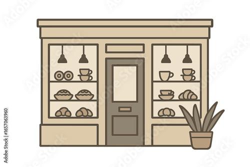 An artistic depiction of the outside of a cafe, highlighting its windows, entrance, and internal features