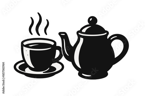 Elegant vector illustration of a teapot and cup with rising steam in black and white sketch and line art style