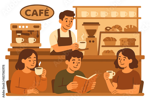 A quiet afternoon scene unfolds in a cozy cafe where friends are seated together, sipping coffee and engrossed in their books