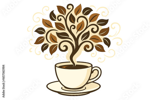 Conceptual art of a coffee plant illustration is utilized for promoting beverages and decorating coffee shops