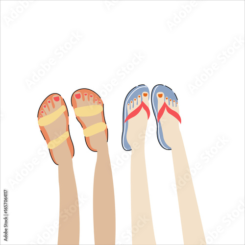 Flip flops on sandy beach. Summer Flip Flops. Flip flops on the beach. Summer vector illustration for banner, card, invitation, sales. Beautiful female legs with painted nails in flip-flops.
