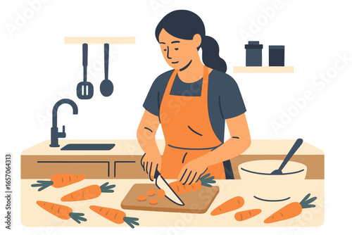A young Indian woman prepares a vegetarian meal by cutting fresh vegetables for a salad or stew in her kitchen, depicted in a flat vector cartoon illustration as a mother cooking dinner for her
