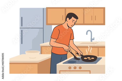 Flat vector illustration in warm colors depicting daily life of young man with special needs, a disabled person with prosthetic arm and visual impairment cooking pancakes at home